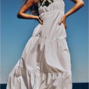 ZARA TIERED POPLIN FLOWY MAXI DRESS WHITE